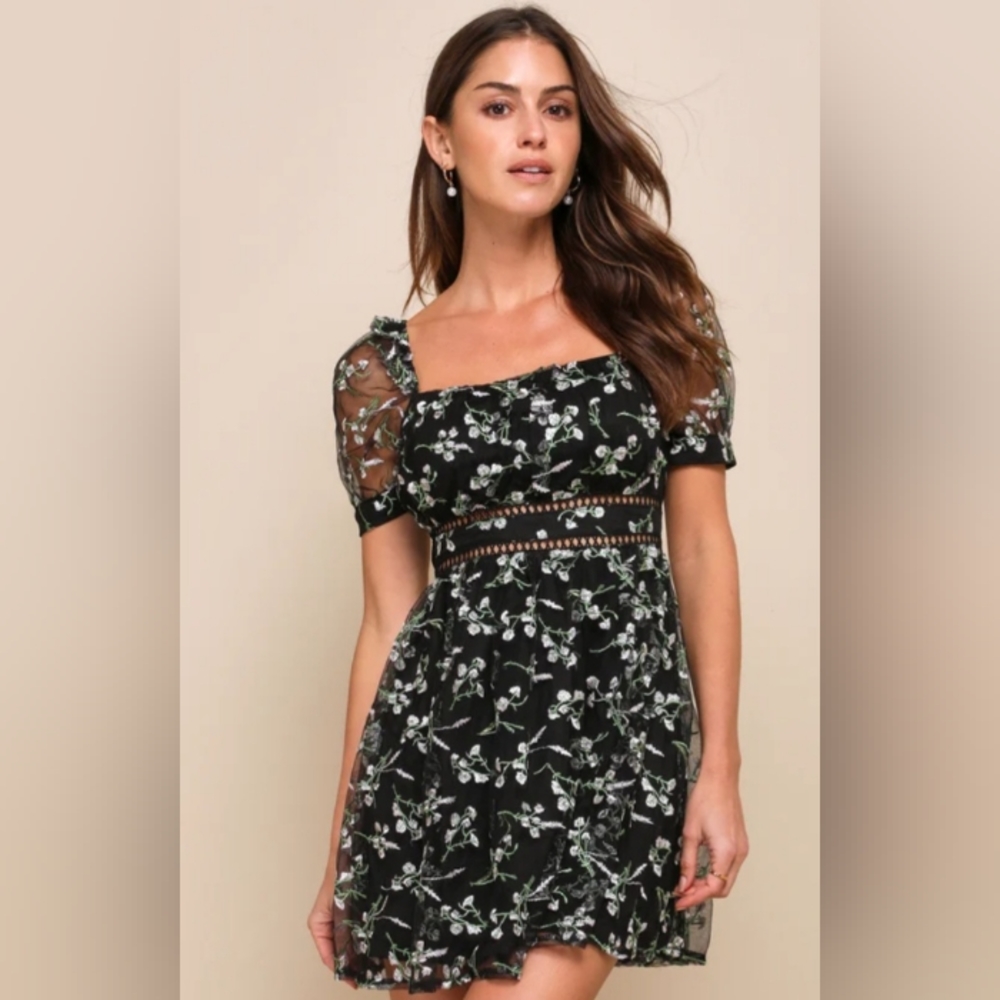 Lulus Radiant Love Black Floral Embroidered Skater Dress Size XL